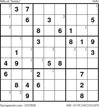 The grouppuzzles.com Difficult Sudoku puzzle for Wednesday April 22, 2026 with the first 3 steps marked