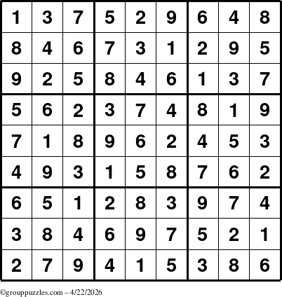 The grouppuzzles.com Answer grid for the Sudoku puzzle for Wednesday April 22, 2026