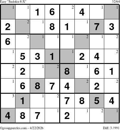 The grouppuzzles.com Easy Sudoku-8-X puzzle for Wednesday April 22, 2026 with the first 3 steps marked