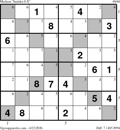 The grouppuzzles.com Medium Sudoku-8-X puzzle for Wednesday April 22, 2026 with all 7 steps marked