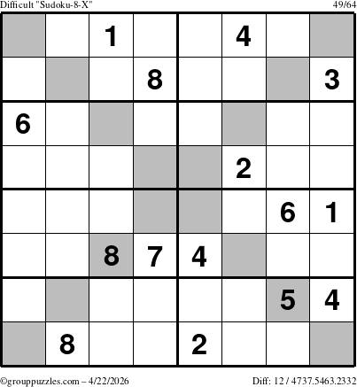 The grouppuzzles.com Difficult Sudoku-8-X puzzle for Wednesday April 22, 2026
