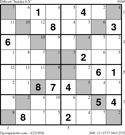 The grouppuzzles.com Difficult Sudoku-8-X puzzle for Wednesday April 22, 2026 with all 12 steps marked