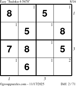 The grouppuzzles.com Easy Sudoku-4-5678 puzzle for Monday November 17, 2025 with all 2 steps marked