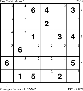 The grouppuzzles.com Easy Sudoku-Junior puzzle for Monday November 17, 2025, suitable for printing, with all 4 steps marked