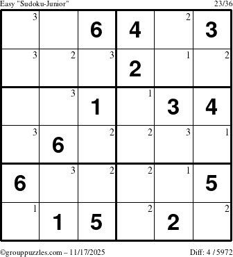 The grouppuzzles.com Easy Sudoku-Junior puzzle for Monday November 17, 2025 with the first 3 steps marked
