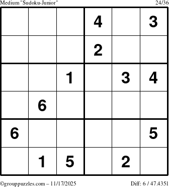 The grouppuzzles.com Medium Sudoku-Junior puzzle for Monday November 17, 2025