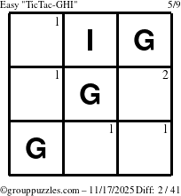The grouppuzzles.com Easy TicTac-GHI puzzle for Monday November 17, 2025 with the first 2 steps marked