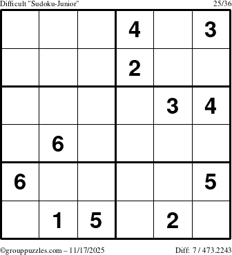 The grouppuzzles.com Difficult Sudoku-Junior puzzle for Monday November 17, 2025