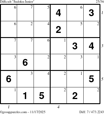 The grouppuzzles.com Difficult Sudoku-Junior puzzle for Monday November 17, 2025, suitable for printing, with all 7 steps marked