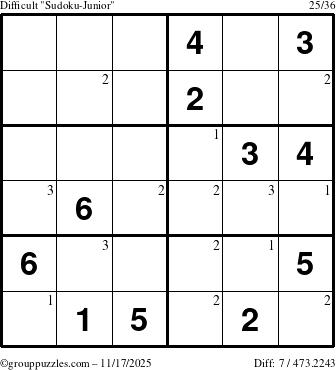 The grouppuzzles.com Difficult Sudoku-Junior puzzle for Monday November 17, 2025 with the first 3 steps marked