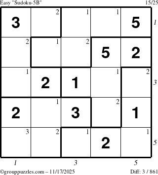 The grouppuzzles.com Easy Sudoku-5B puzzle for Monday November 17, 2025, suitable for printing, with all 3 steps marked