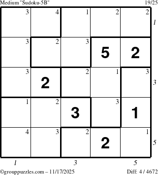 The grouppuzzles.com Medium Sudoku-5B puzzle for Monday November 17, 2025, suitable for printing, with all 4 steps marked