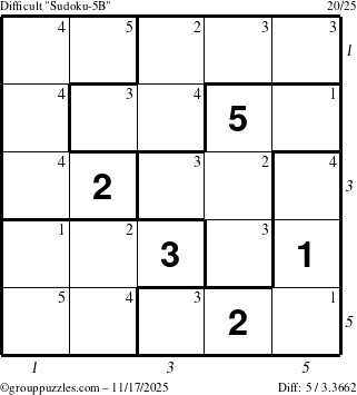 The grouppuzzles.com Difficult Sudoku-5B puzzle for Monday November 17, 2025, suitable for printing, with all 5 steps marked