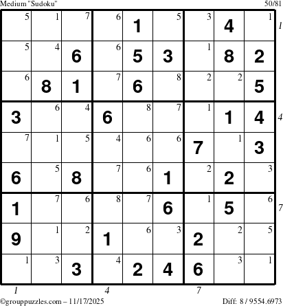 The grouppuzzles.com Medium Sudoku puzzle for Monday November 17, 2025, suitable for printing, with all 8 steps marked