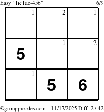 The grouppuzzles.com Easy TicTac-456 puzzle for Monday November 17, 2025 with the first 2 steps marked