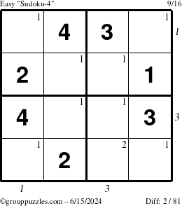 The grouppuzzles.com Easy Sudoku-4 puzzle for Saturday June 15, 2024 with all 2 steps marked