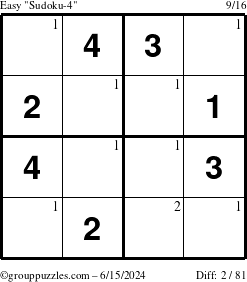 The grouppuzzles.com Easy Sudoku-4 puzzle for Saturday June 15, 2024 with the first 2 steps marked