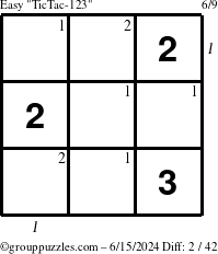 The grouppuzzles.com Easy TicTac-123 puzzle for Saturday June 15, 2024 with all 2 steps marked