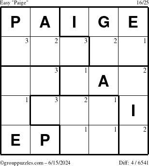 The grouppuzzles.com Easy Paige puzzle for Saturday June 15, 2024 with the first 3 steps marked