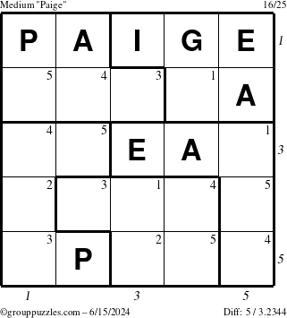 The grouppuzzles.com Medium Paige puzzle for Saturday June 15, 2024 with all 5 steps marked