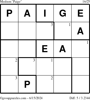 The grouppuzzles.com Medium Paige puzzle for Saturday June 15, 2024 with the first 3 steps marked