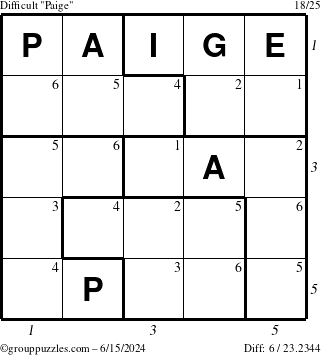 The grouppuzzles.com Difficult Paige puzzle for Saturday June 15, 2024 with all 6 steps marked