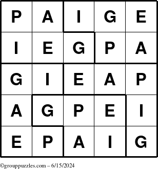 The grouppuzzles.com Answer grid for the Paige puzzle for Saturday June 15, 2024