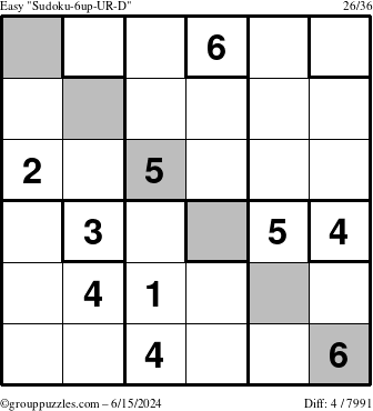 The grouppuzzles.com Easy Sudoku-6up-UR-D puzzle for Saturday June 15, 2024