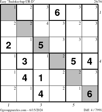 The grouppuzzles.com Easy Sudoku-6up-UR-D puzzle for Saturday June 15, 2024 with all 4 steps marked