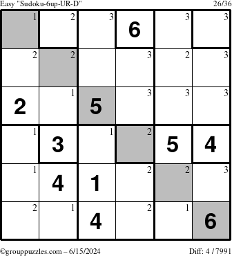 The grouppuzzles.com Easy Sudoku-6up-UR-D puzzle for Saturday June 15, 2024 with the first 3 steps marked