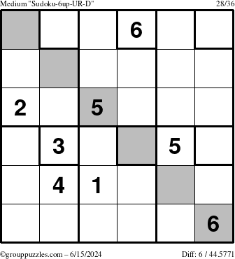 The grouppuzzles.com Medium Sudoku-6up-UR-D puzzle for Saturday June 15, 2024