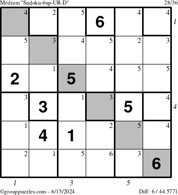 The grouppuzzles.com Medium Sudoku-6up-UR-D puzzle for Saturday June 15, 2024 with all 6 steps marked