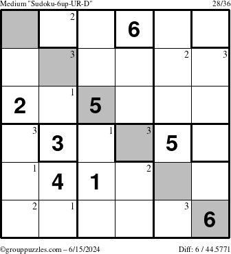 The grouppuzzles.com Medium Sudoku-6up-UR-D puzzle for Saturday June 15, 2024 with the first 3 steps marked