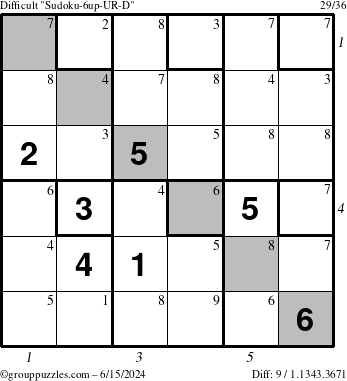 The grouppuzzles.com Difficult Sudoku-6up-UR-D puzzle for Saturday June 15, 2024 with all 9 steps marked