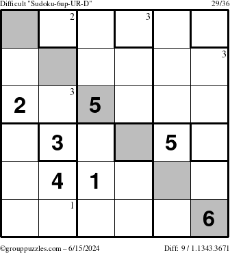 The grouppuzzles.com Difficult Sudoku-6up-UR-D puzzle for Saturday June 15, 2024 with the first 3 steps marked