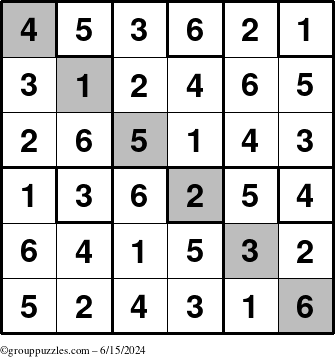 The grouppuzzles.com Answer grid for the Sudoku-6up-UR-D puzzle for Saturday June 15, 2024