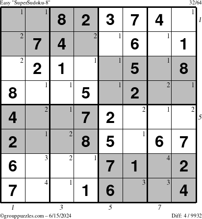 The grouppuzzles.com Easy SuperSudoku-8 puzzle for Saturday June 15, 2024 with all 4 steps marked