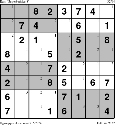 The grouppuzzles.com Easy SuperSudoku-8 puzzle for Saturday June 15, 2024 with the first 3 steps marked