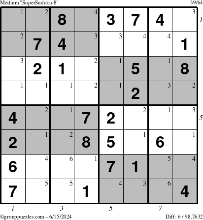 The grouppuzzles.com Medium SuperSudoku-8 puzzle for Saturday June 15, 2024 with all 6 steps marked