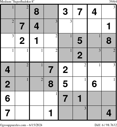 The grouppuzzles.com Medium SuperSudoku-8 puzzle for Saturday June 15, 2024 with the first 3 steps marked