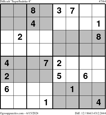 The grouppuzzles.com Difficult SuperSudoku-8 puzzle for Saturday June 15, 2024