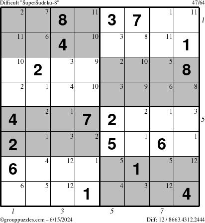 The grouppuzzles.com Difficult SuperSudoku-8 puzzle for Saturday June 15, 2024 with all 12 steps marked