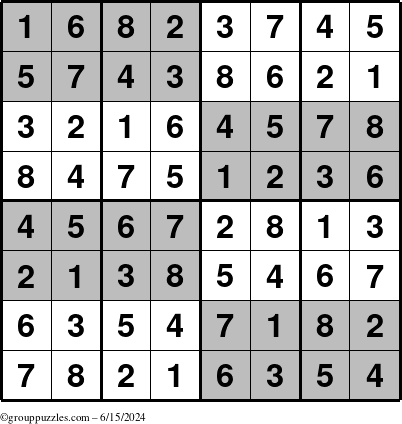 The grouppuzzles.com Answer grid for the SuperSudoku-8 puzzle for Saturday June 15, 2024