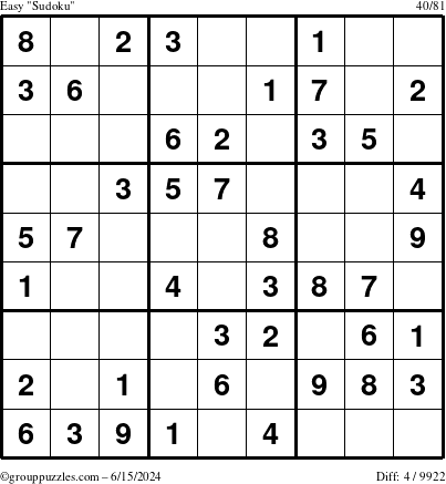 The grouppuzzles.com Easy Sudoku puzzle for Saturday June 15, 2024