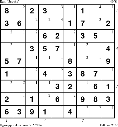 The grouppuzzles.com Easy Sudoku puzzle for Saturday June 15, 2024 with all 4 steps marked