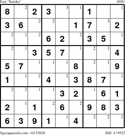 The grouppuzzles.com Easy Sudoku puzzle for Saturday June 15, 2024 with the first 3 steps marked