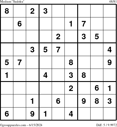 The grouppuzzles.com Medium Sudoku puzzle for Saturday June 15, 2024