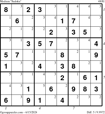 The grouppuzzles.com Medium Sudoku puzzle for Saturday June 15, 2024, suitable for printing, with all 5 steps marked