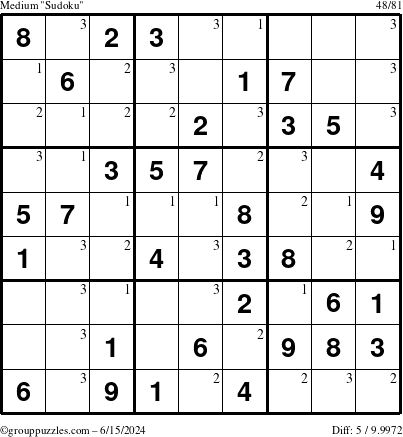 The grouppuzzles.com Medium Sudoku puzzle for Saturday June 15, 2024 with the first 3 steps marked