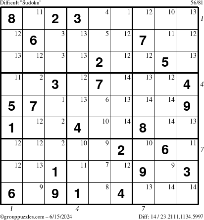 The grouppuzzles.com Difficult Sudoku puzzle for Saturday June 15, 2024 with all 14 steps marked